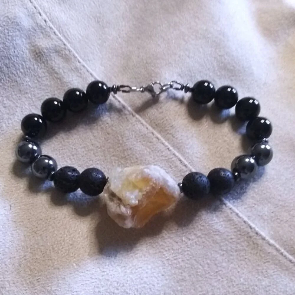 Massive!!! Raw Citrine Black Jasper Hematite & Lava Rock Men's Bracelet 8.5